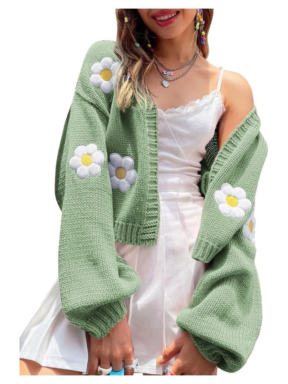 Women's Floral Cropped Cardigan Sweater Acrylic Knit Y2K Open Front